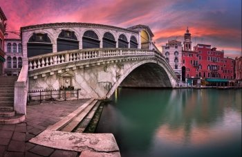 Panorama of Rialto Bridge and San Bartolomeo Church at Sunrise, Venice, Italy