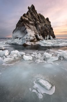 Baikal Lake Ice and Island Elenka at Sunset, Baikal Lake, Russia