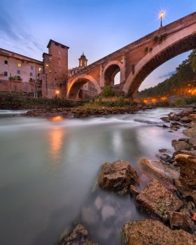 Fabricius Bridge and Tiber Island in the Evening, Rome, Italy