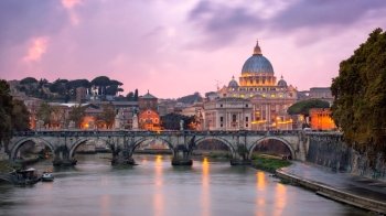 Tiber River and Saint Peter Cathedral in the Evening, Rome, Italy