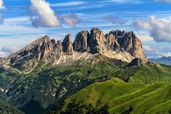 Dolomiti - Sassolungo -Langkofel mount. summer viiew of Sassolungo group from Fassa Valley, Trentino, Italy