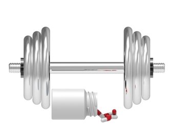 Dumbbell with vial of pills, on white background, 3D rendering