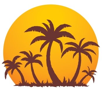 Vector illustration of a tropical sunset and palm trees on a small vacation island paradise.