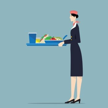 Airline hostess holding a tray.