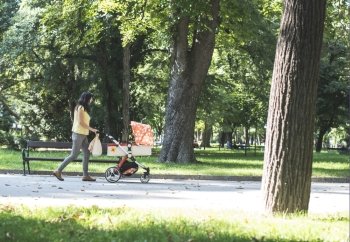 Mother walking in the park with baby buggy. Sunny day
