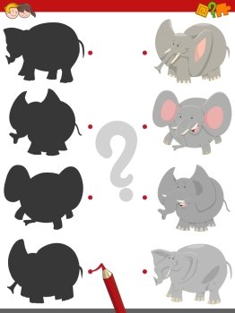 Cartoon Illustration of Find the Shadow Educational Activity Game for Kids with Elephants Animal Characters