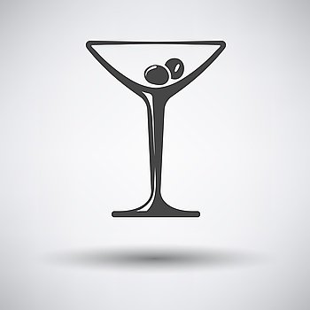 Cocktail glass icon on gray background with round shadow. Vector illustration.. Icon of cocktail glass with olives