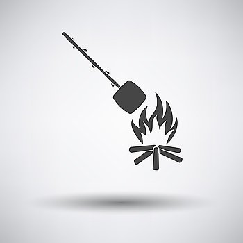 Camping fire with roasting marshmallo  icon on gray background with round shadow. Vector illustration.