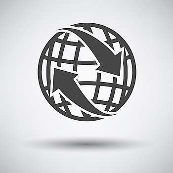 Globe with arrows icon on gray background round shadow. Vector illustration.