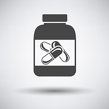 Fitness pills in container icon on gray background with round shadow. Vector illustration.