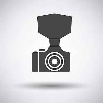 Camera with fashion flash icon on gray background, round shadow. Vector illustration.