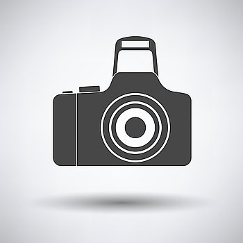 Icon of photo camera on gray background, round shadow. Vector illustration.