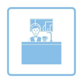Sport bar stand with barman behind it and football translation on tv icon. Blue frame design. Vector illustration.