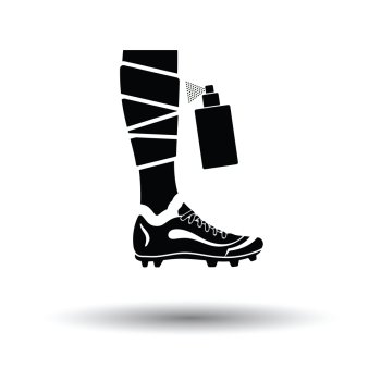 Soccer bandaged leg with aerosol anesthetic icon. White background with shadow design. Vector illustration.