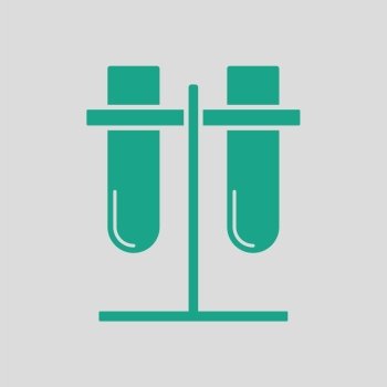 Lab flasks attached to stand icon. Gray background with green. Vector illustration.