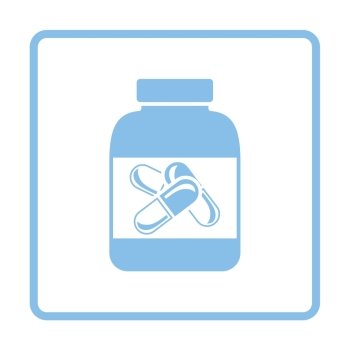 Fitness pills in container icon. Blue frame design. Vector illustration.