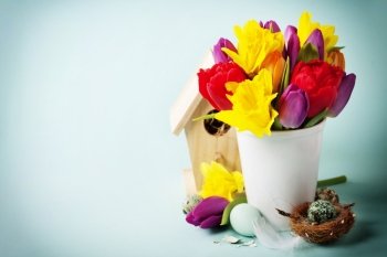 Spring flowers and easter eggs over blue