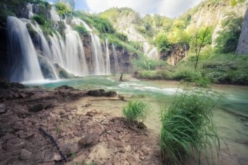 Beautiful tropical waterfall. Plitvice National Park, Croatia.