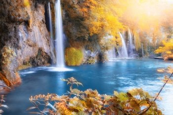 Beautiful autumn forest waterfall. Plitvice National Park, Croatia.