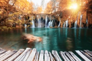 Beautiful autumn colors waterfall. Plitvice National Park, Croatia.