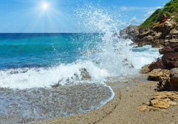 Sea sunshiny summer view from beach (Greece, Lefkada, Ionian Sea).