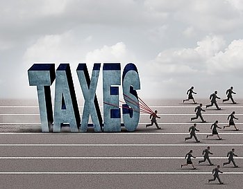 Tax burden business concept as a slow burdened taxpayer pulling a heavy rock shaped as a 3D illustration taxes text as other people run on a path