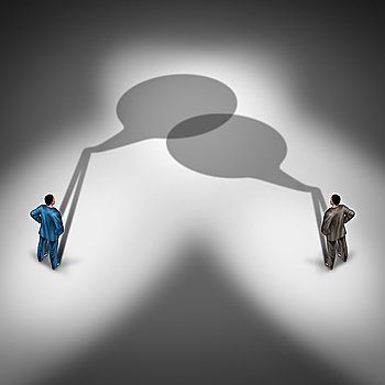 Business communication network as a word bubble shadow group connecting together talking and having an exchange of ideas as a  two businesspeople in a conversation in a 3D illustration style.