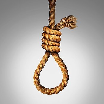Suicide Noose concept as a rope in a lasso slipknot as a symbol for death or justice punishment or execution or as a psychology metaphor for desperate pain and despair as a photo realistic illustration.