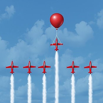 Winning business tools and successful strategy concept as a group of competitive jet airplanes racing up with one individual that is helped by a balloon as the winner as a 3D illustration.