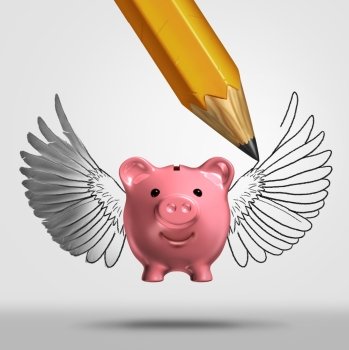 Banking planning and bank advice business concept or wealth plan assistance as a piggy bank with a pencil drawing wings as an investing success and financial metaphor with 3D illustration elements.