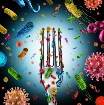 Bacteria and germs on food as a cutlery fork with dangerous cells on the surface as salmonella listeria causing poisoning and illness as a health and medical symbol as a 3D illustration.