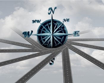 Decide on direction and path choice concept as a wind rose compass wrapped with roads as a navigation and transport symbol or career business guidance icon as a 3D illustration.