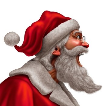 Santa Claus laughing or yelling as a winter festive christmas time message concept with a man in a red suit wearing a beard expressing his feelings with 3D illustration elements on a white background.