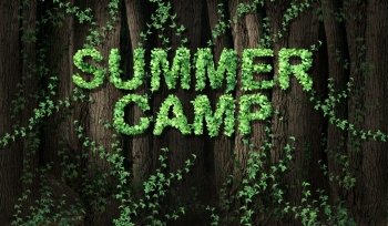 Concept of summer camp as a symbol of recreation and fun education with a vine shaped as text in a natural forest background in a 3D illustration style.