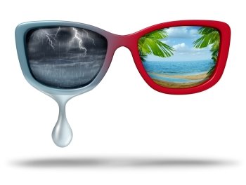 Mood swings and chemical imbalance as a psychological disorder as eye glasses with dark storm weather and another side a bright tropical beach scene with 3D illustration elements.