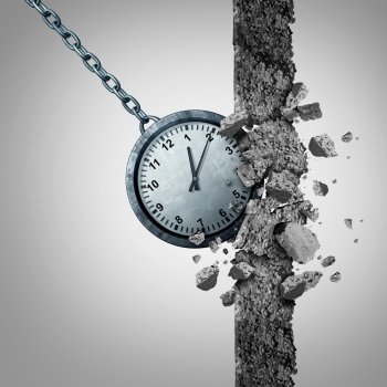 Time limit deadline schedule concept as a clock shaped as a wrecking ball destroying and breaking a cement wall obstacle as a business scheduling and management metaphor with 3D illustration elements.