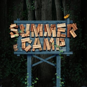 Summer camp nature sign text made of rustic wood in a forest with animals as a summertime school break and acivity symbol or recreational learning as a camping workshop program for children with 3D illustration elements.