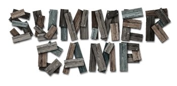 Summer camp icon text made of nailed rustic wood as a summertime school break and educational acivity symbol or recreational child learning as a  camping workshop program for children with 3D illustration elements.