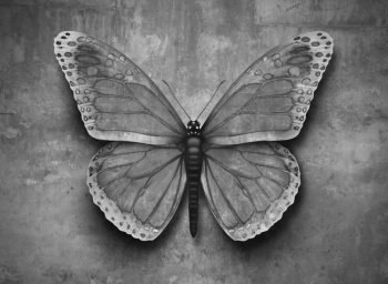 Blending in concept or conformig to surroundings and adapting to new environment as a butterfly on a wall with camouflage texture to hide from predators with 3D illusrtration elements.
