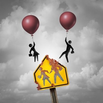 Escape a bad school education decline concept as a decaying student crossing traffic sign with a boy and girl icons leaving with balloons as a learning problem metaphor for changing academic system with 3D illustration elements.