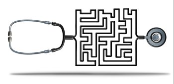 Solving healthcare and health care reform challenges as a doctor stethoscope shaped as a complicated maze as a medical and medicine insurance confusion or prescription medication crisis metaphor as a 3D illustration.