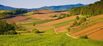 Idyllic agricultural landscape panoramic view, northern Croatia