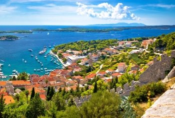 Amazing historic town of Hvar aerial view, with Paklenski islands sailing destination, Dalmatia, Croatia