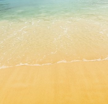Beach background scene of tropical warm sand and clear water lapping the shore