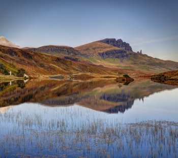 The Storr reflection in Loch Leathan, Isle of Skye, Highland, Scotland. Quiet october morning.