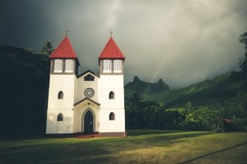 Rainbow on Haapiti church in Moorea island, landscape. French Polynesia. Rainbow on Haapiti church in Moorea island, landscape