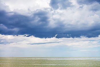 dark blue storm clouds over Sea of Azov, Temryuk bay, Golubitskaya resort, Taman peninsula, Kuban, Russia
