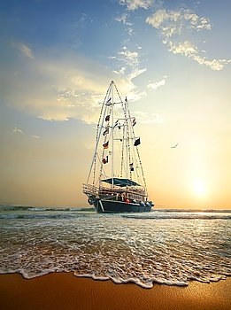 Sailing ship on the waves of Indian ocean. Ship in the ocean