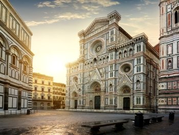 Facade of famous basilica in Florence at sunrise