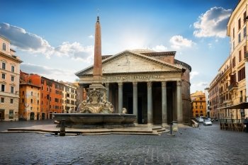 Pantheon on roman piazza in the morning, Italy
